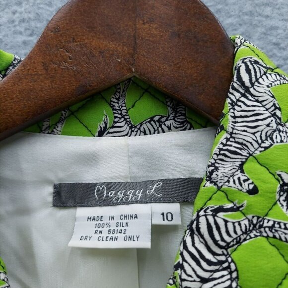 Maggy L Womens Quilted Silk Jacket Size 10 Zebra Print Green & White - Picture 2 of 4